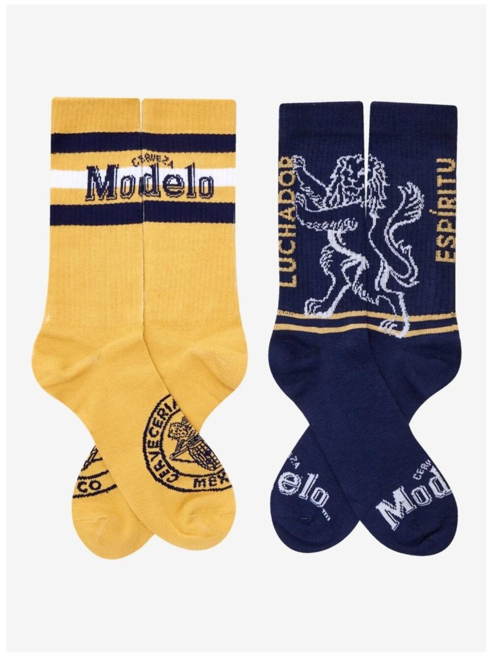 Urban Outfitters Modelo Logo Crew Socks 2 Pack Yellow Blue OS Unisex Ribbed NWT